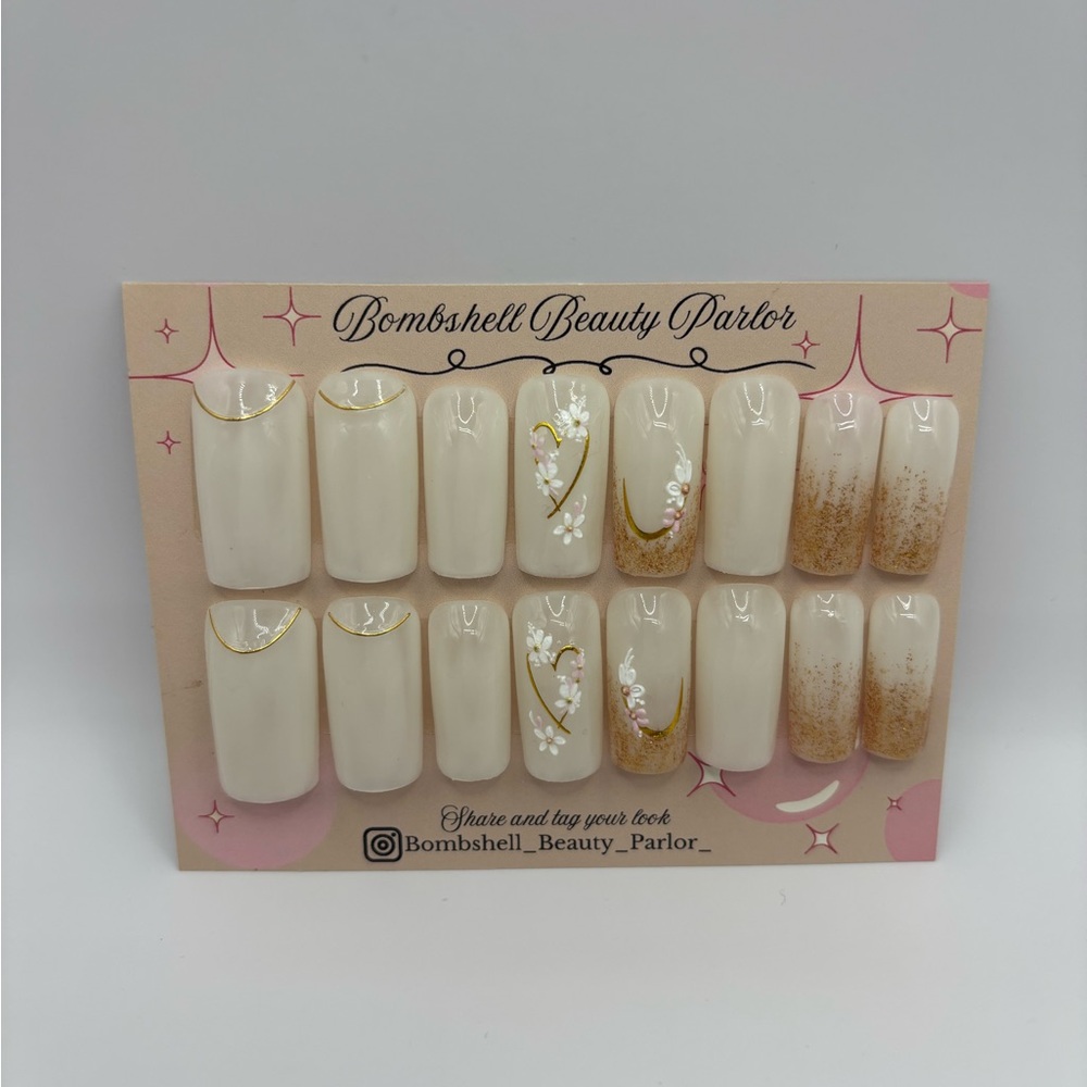 Milky White & Gold Press-On acrylic sculpted Nails available in small - large
